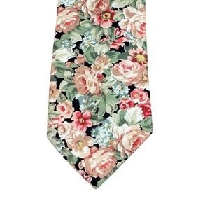 Rooster Mens Floral Silk Necktie Pink Peach Rose Botanical Print Vintage Style